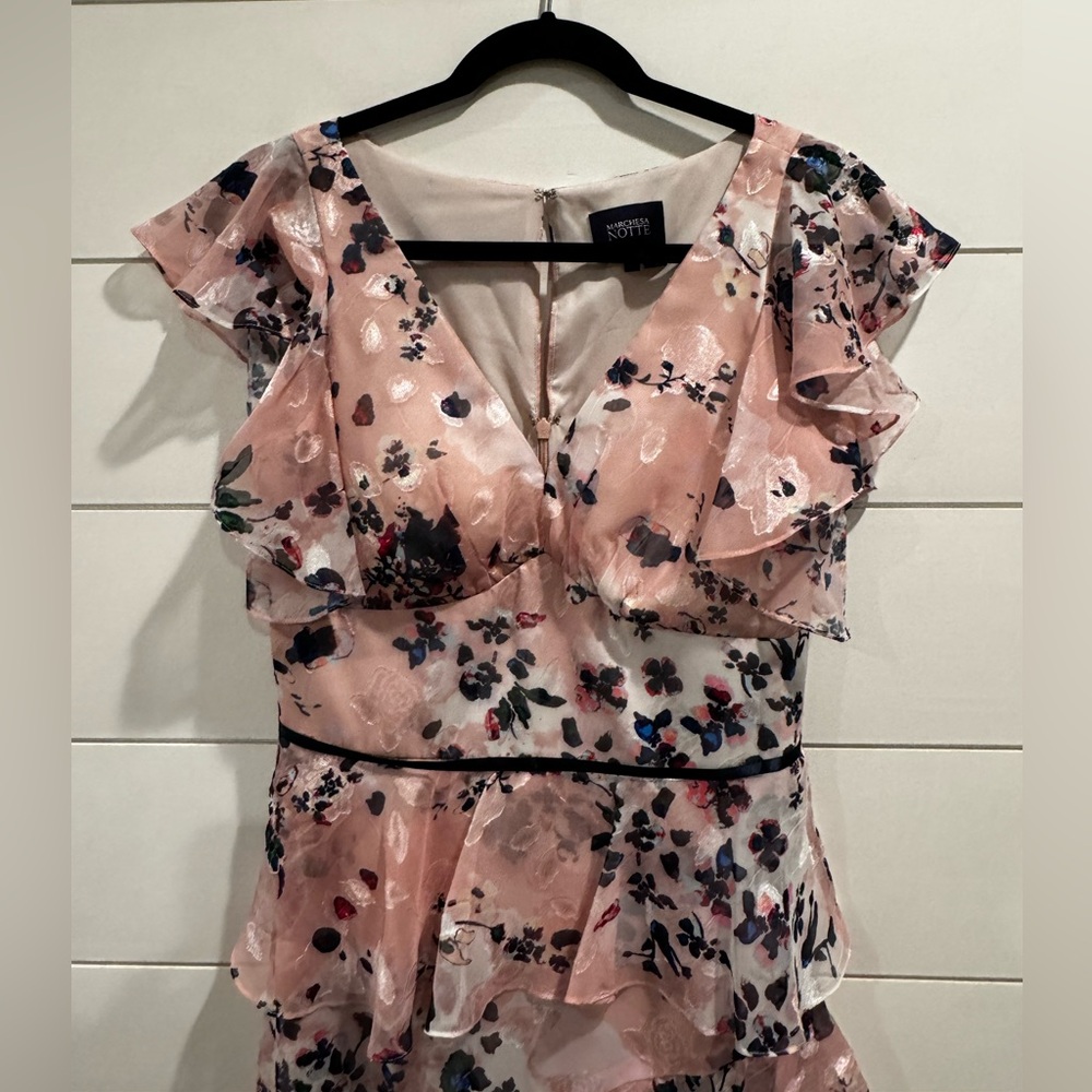 Marchesa Notte pink floral chiffon ruffle floral midi dress - Picture 5 of 8